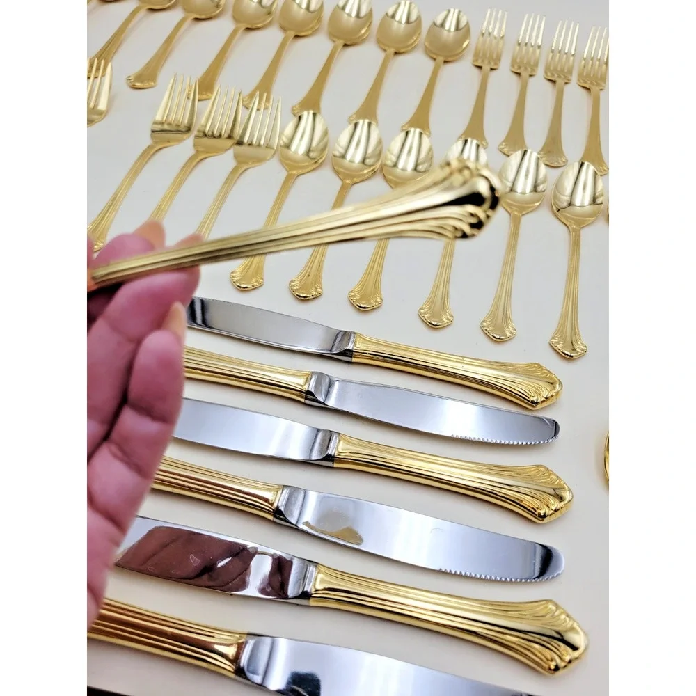 Supreme Cutlery Gold Tone Stainless Japan Flatware Set w/ Wood Case Set of 51